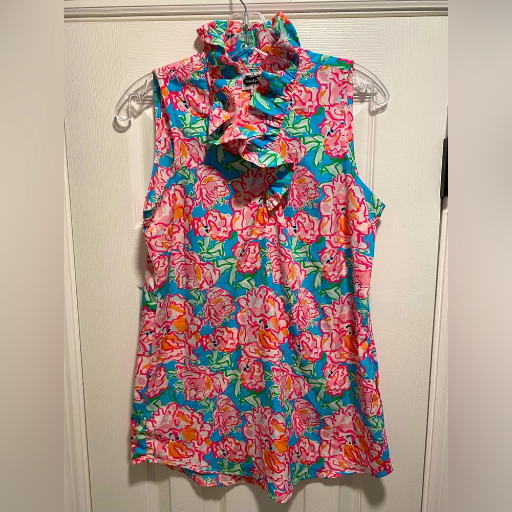 Mudpie ruffled neck sleeveless top bright floral pattern Small